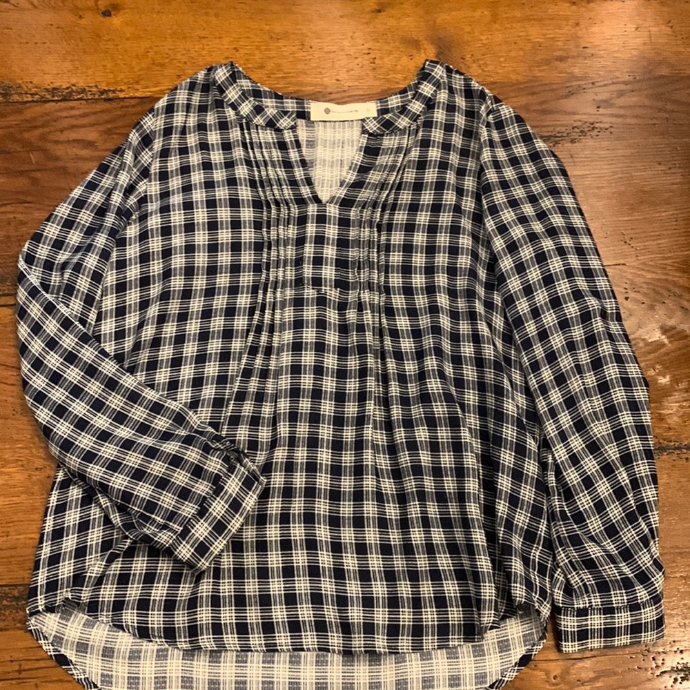 Impeccable Pig navy and cream plaid top